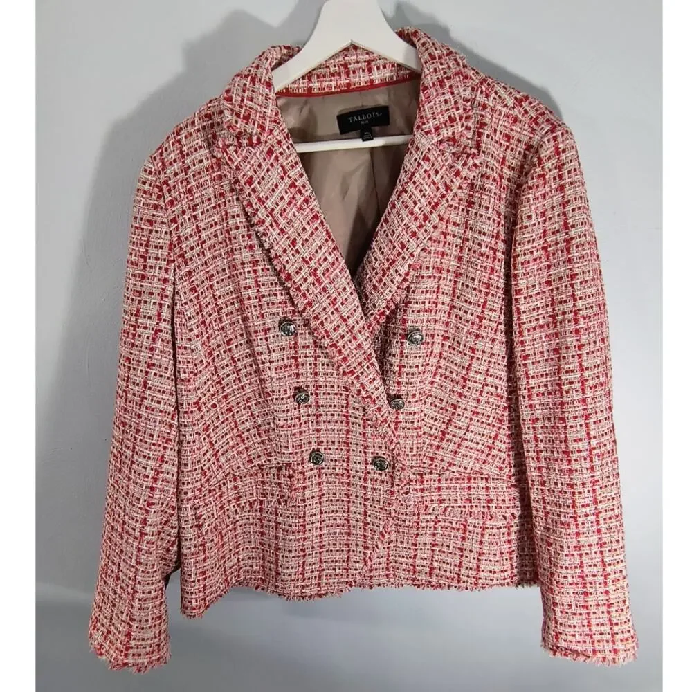 Talbots Plus 14W Red Tweed Metallic Blazer Old Money Preppy Fringe Jacket - Picture 12 of 15